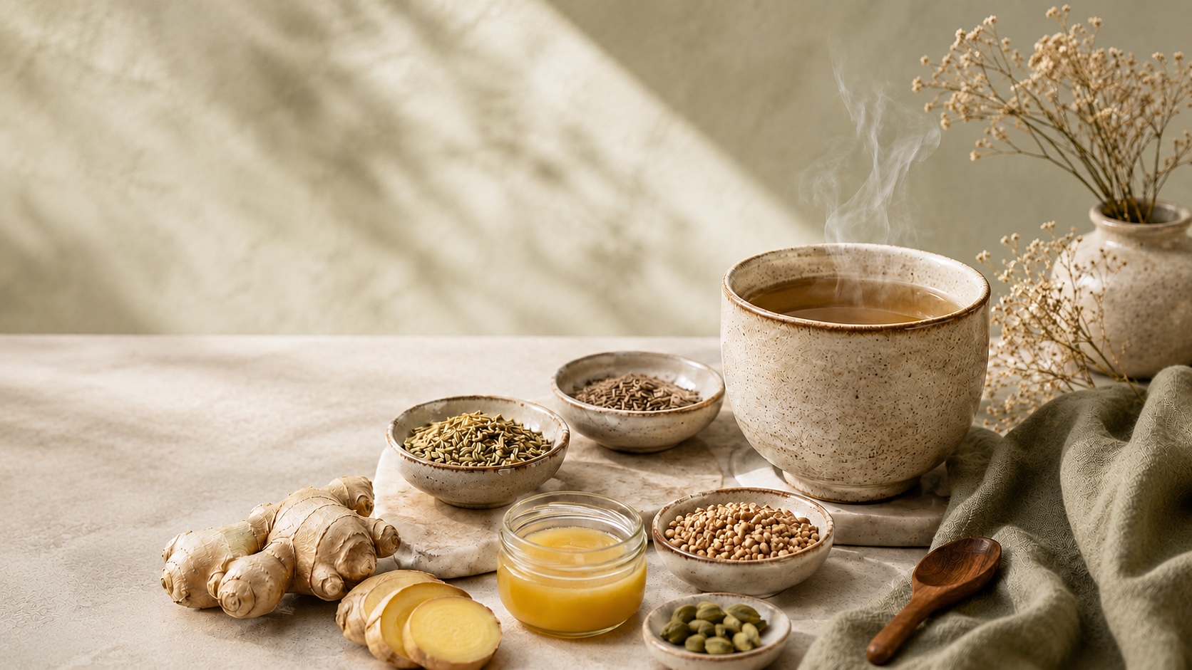 A warm Ayurvedic infusion with ginger, digestive spices and herbs