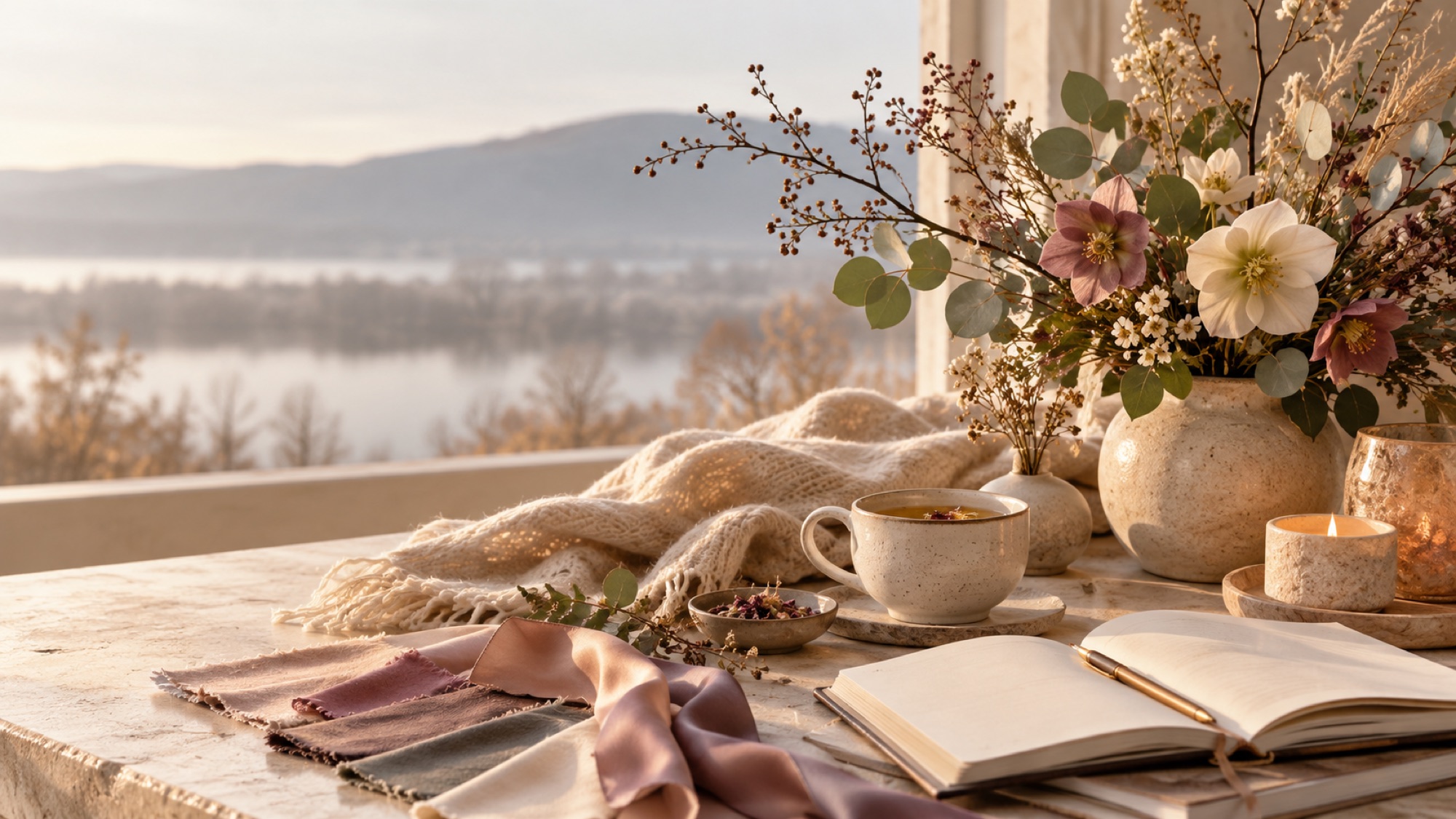 Winter flowers, a warm shawl, tea and a journal overlooking the lake