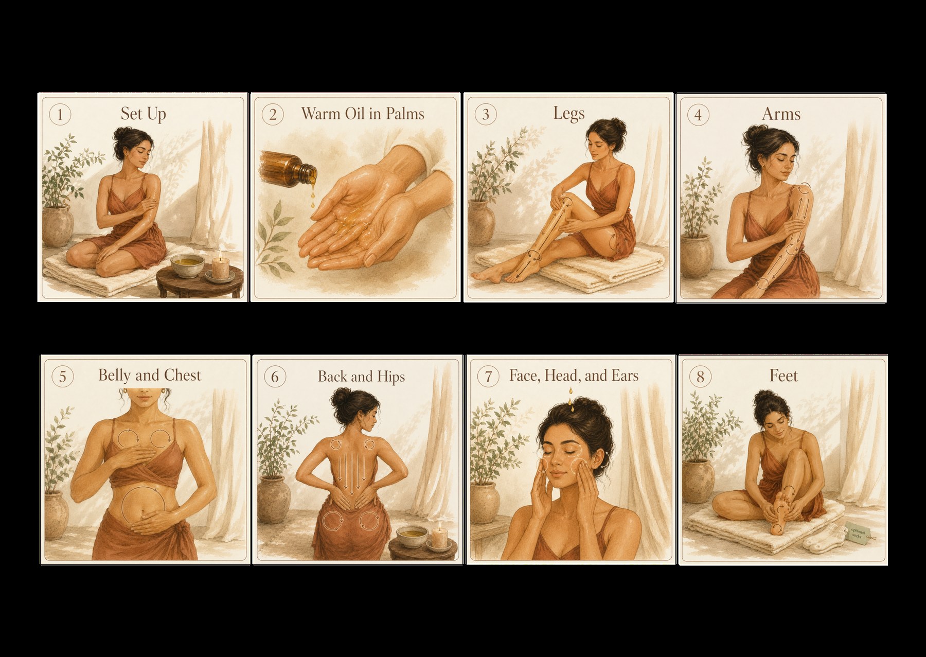 Step-by-step illustrated guide to the eight areas of an Abhyanga self-massage: set up, warm oil in palms, legs, arms, belly and chest, back and hips, face and head, feet