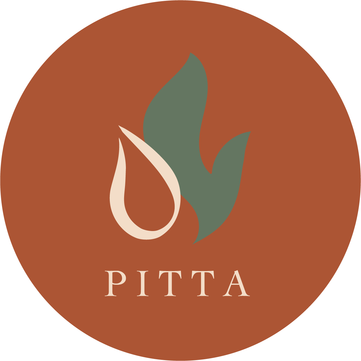 A circular emblem for Pitta, with a flame and droplet icon